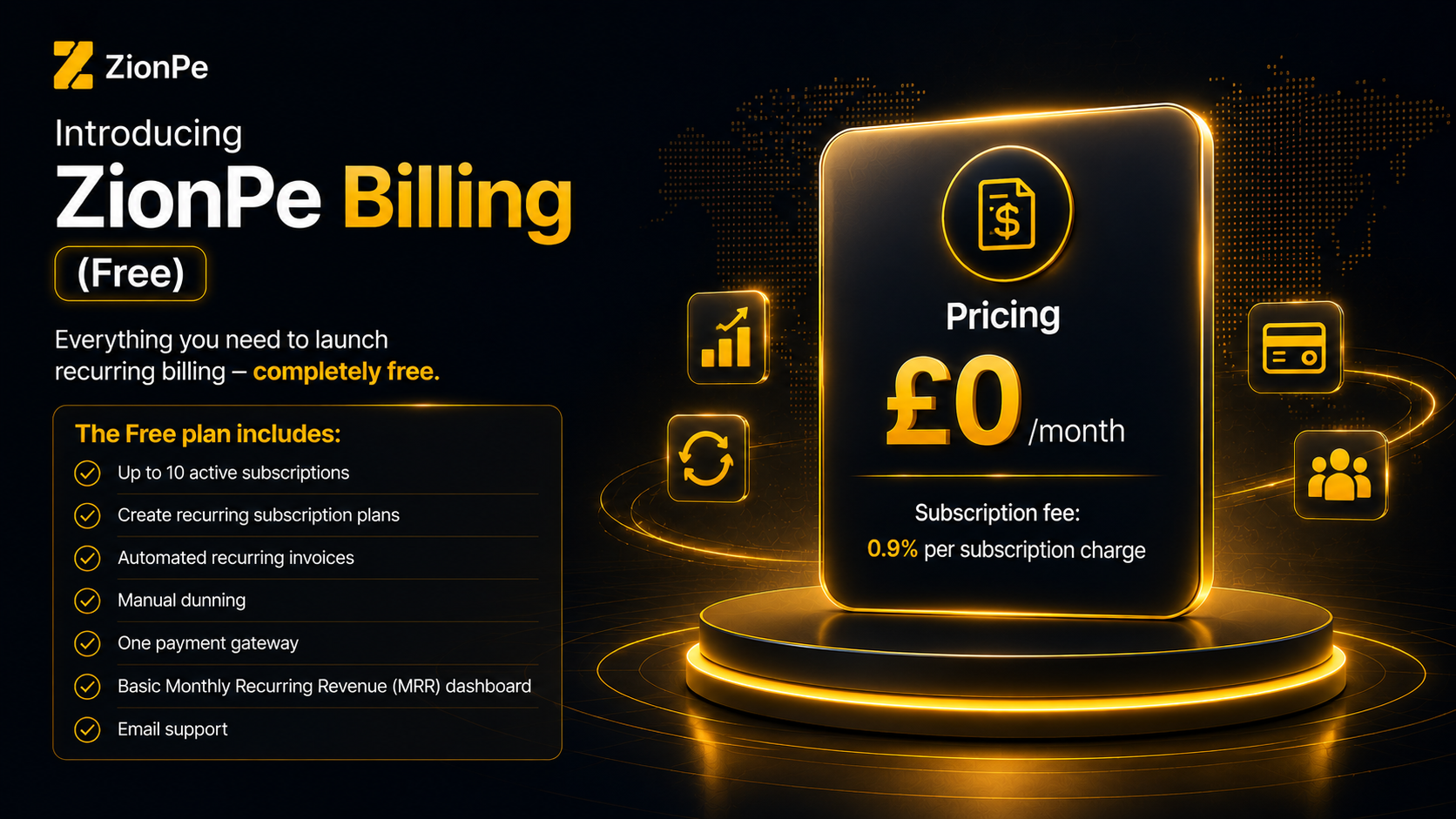 ZionPe Billing Free plan details with features like automated invoicing and £0/month pricing highlighted.