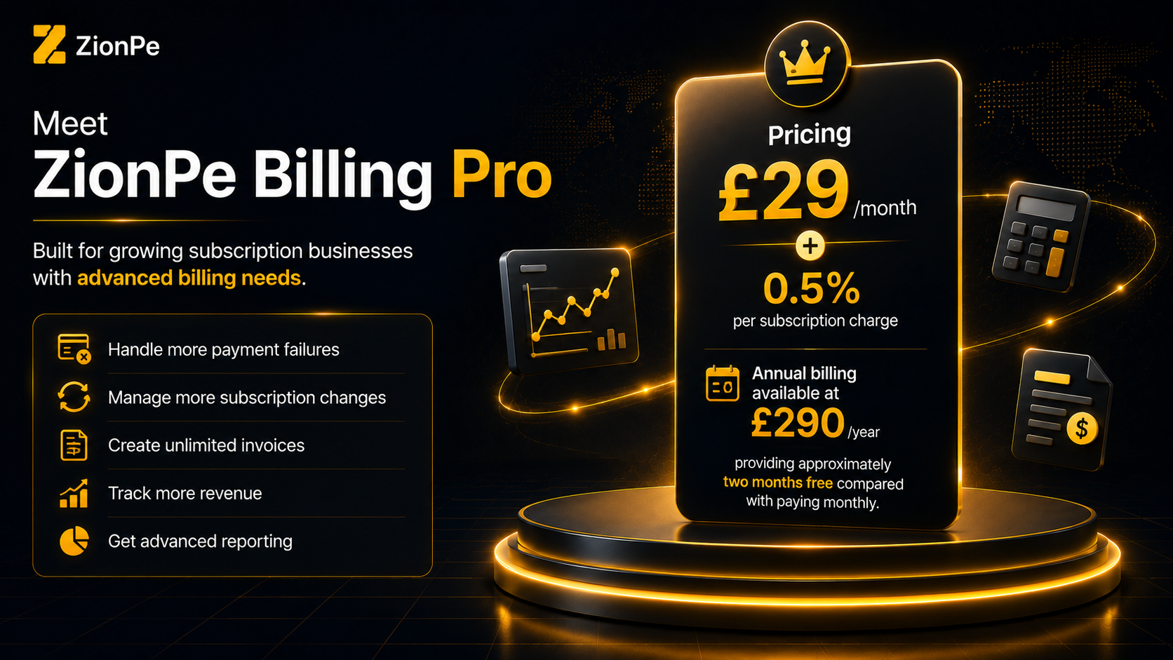 ZionPe Billing Pro pricing plan details with icons for payment management, invoice creation, and advanced reporting.