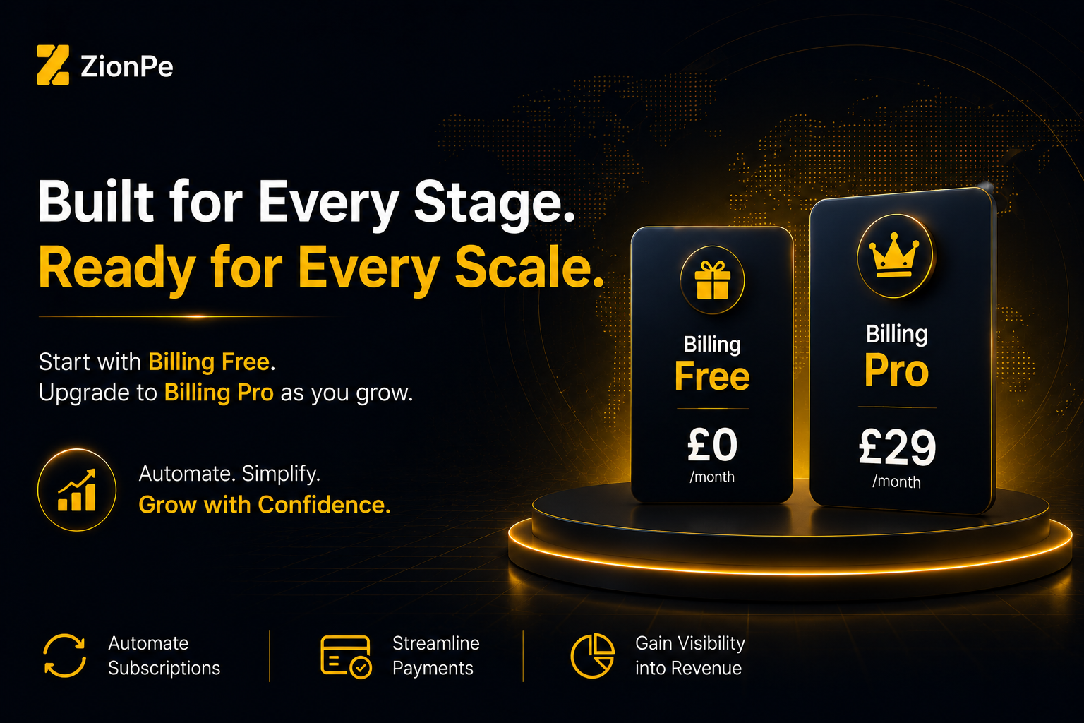 ZionPe pricing plans: Billing Free at £0/month and Billing Pro at £29/month, with icons for features.