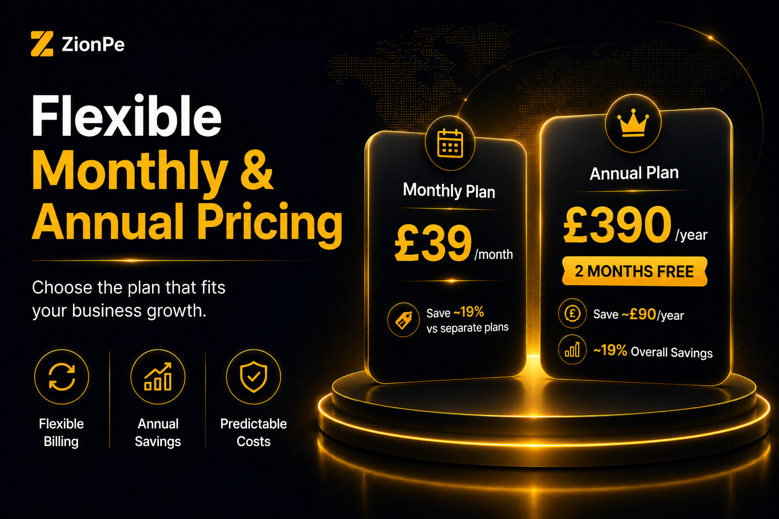 ZionPe Pro pricing plans: Monthly at £39, Annual at £390 with 2 months free. Highlights savings and features.