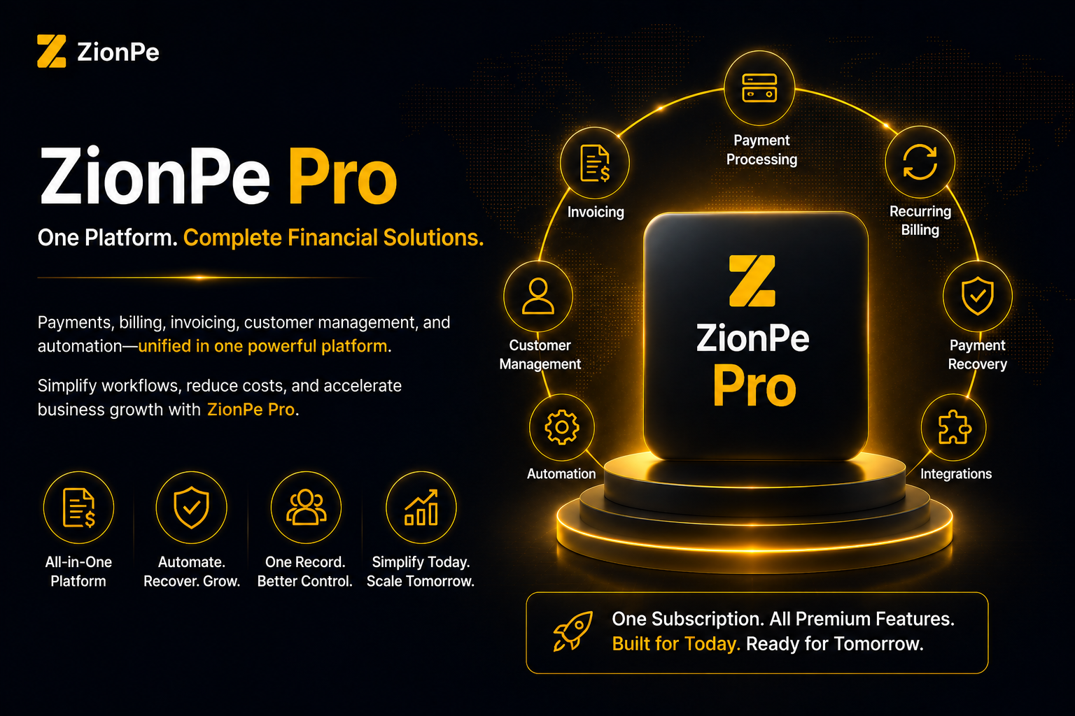 ZionPe Pro platform features: invoicing, recurring billing, payment processing, customer management, and recovery.