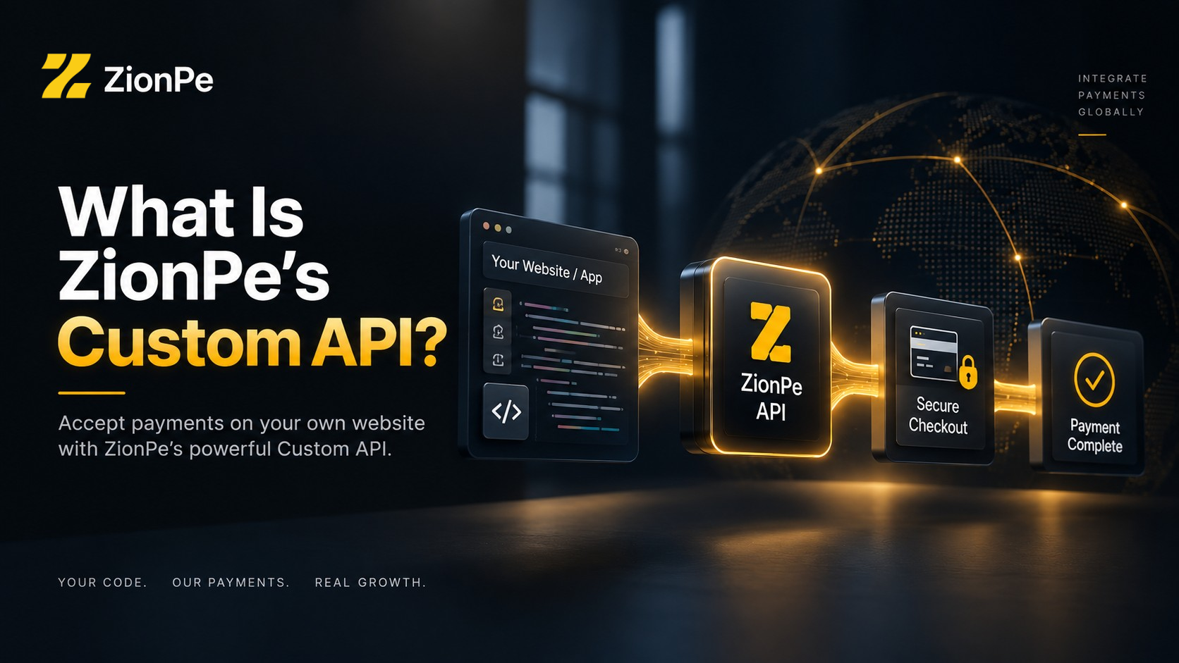 ZionPe Custom API integration process with website, showcasing API, secure checkout, and payment completion.