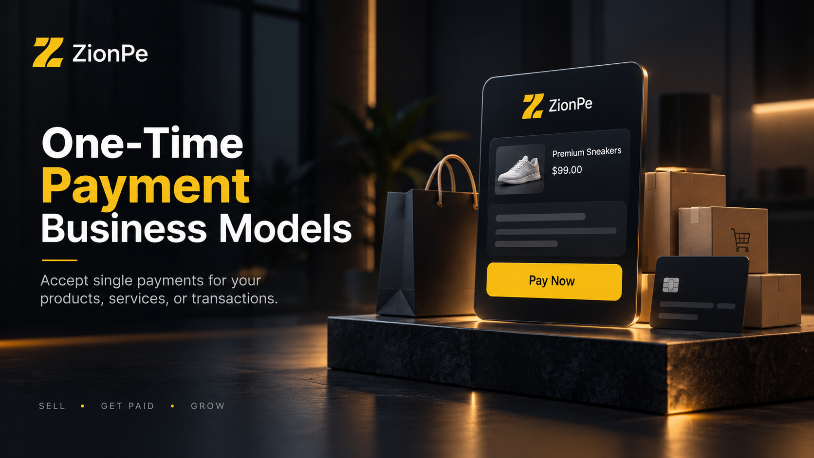 ZionPe ad showcasing one-time payment options with a digital display, shopping bags, and boxes in a modern setting.