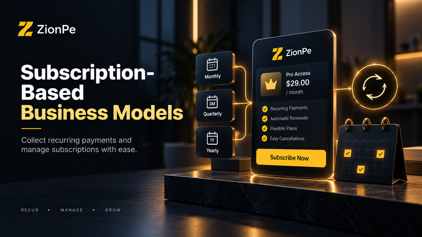 ZionPe interface showcasing subscription options: monthly, quarterly, yearly, with a focus on ease of recurring payments.