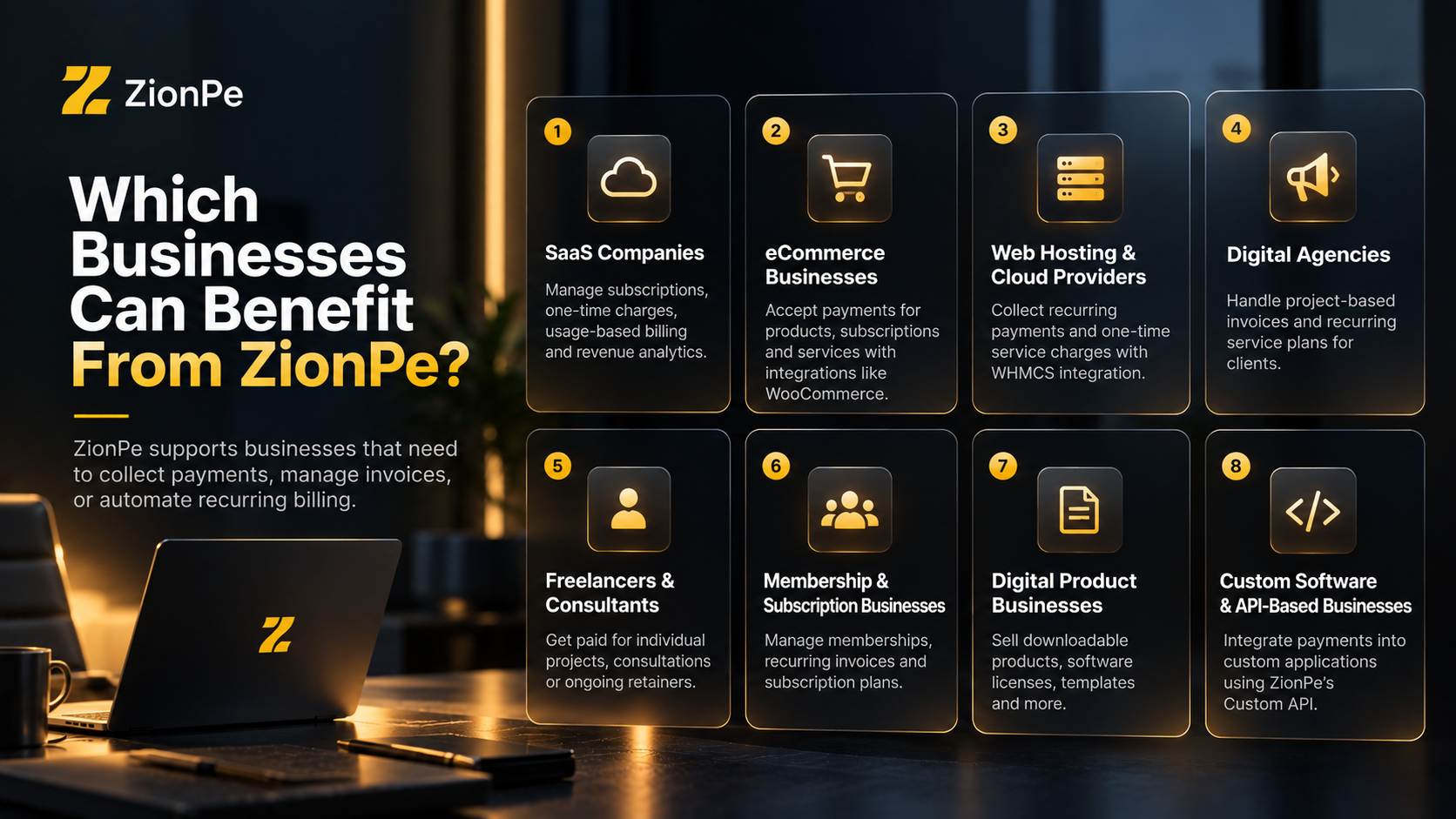 ZionPe benefits for SaaS, eCommerce, web hosting, digital agencies, freelancers, memberships, digital products, and software.