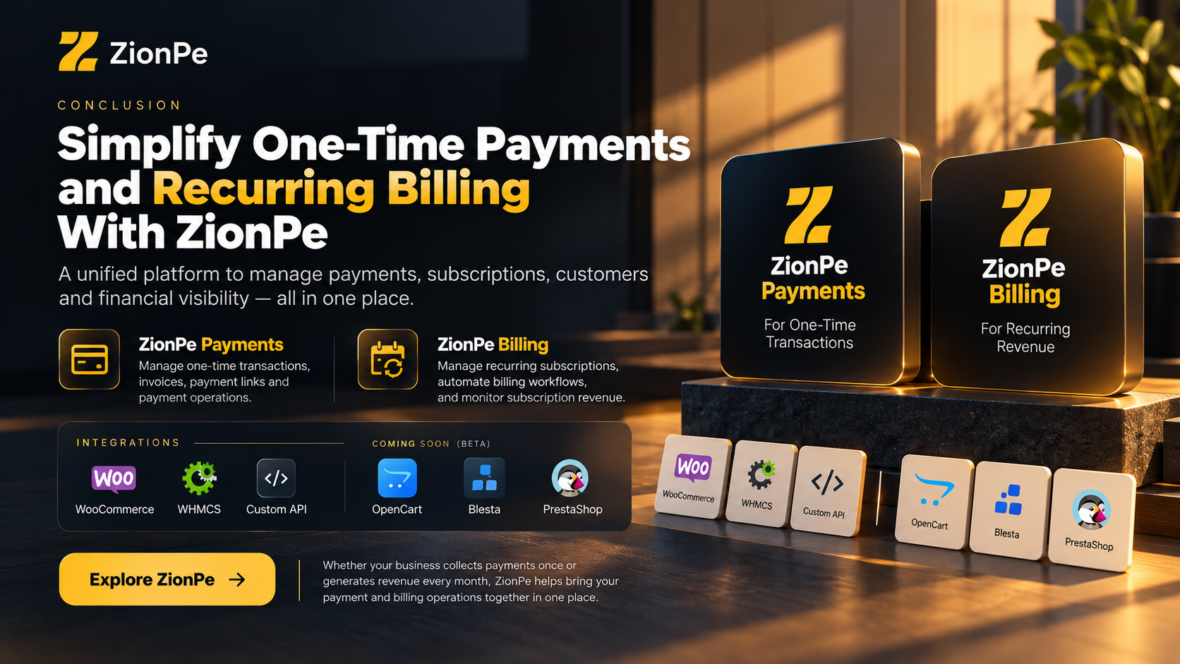 ZionPe platform display highlighting one-time payments and subscription billing features with integration options.