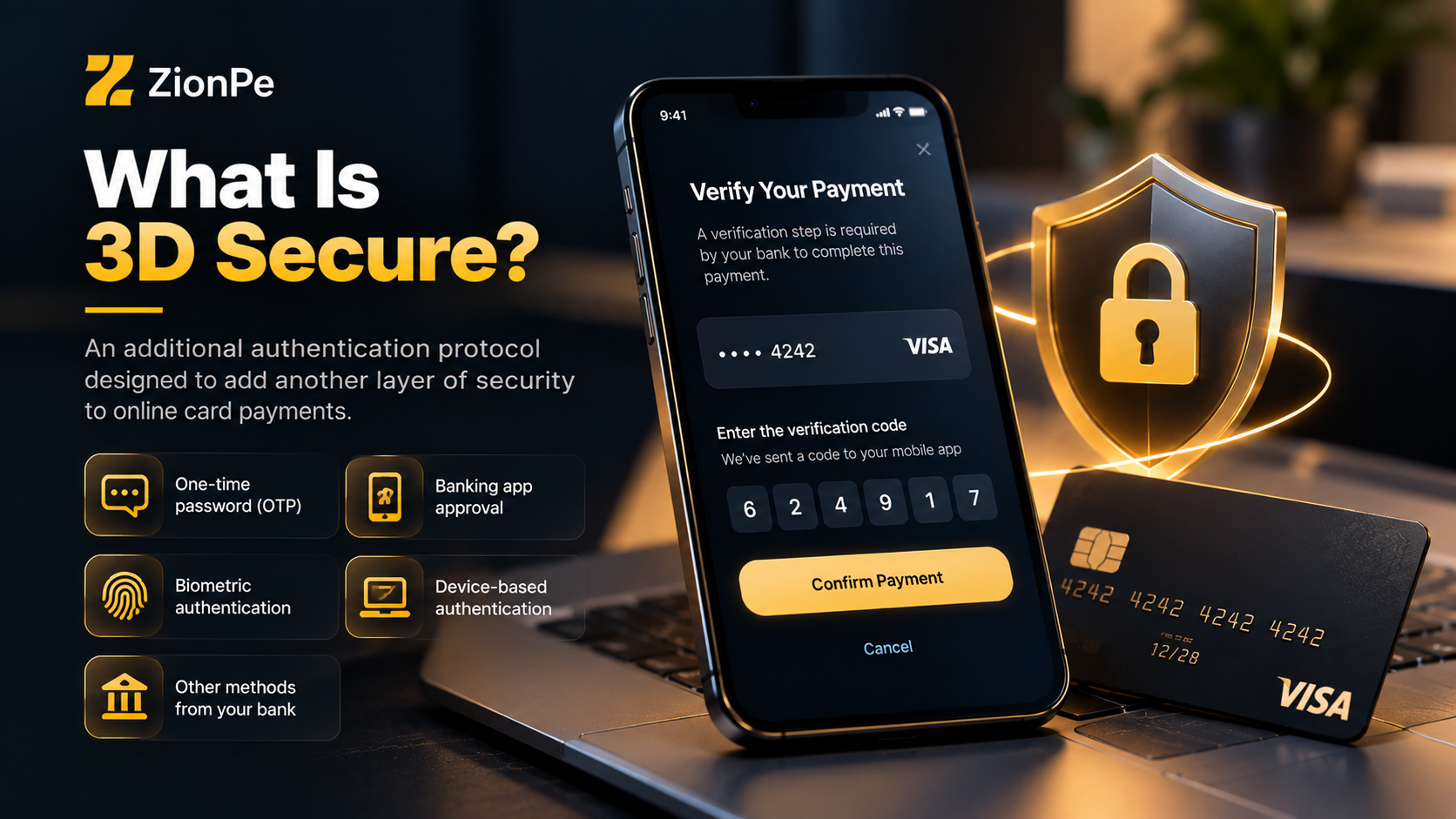 Smartphone displaying 3D Secure payment verification, with a credit card, shield icon, and security features listed.