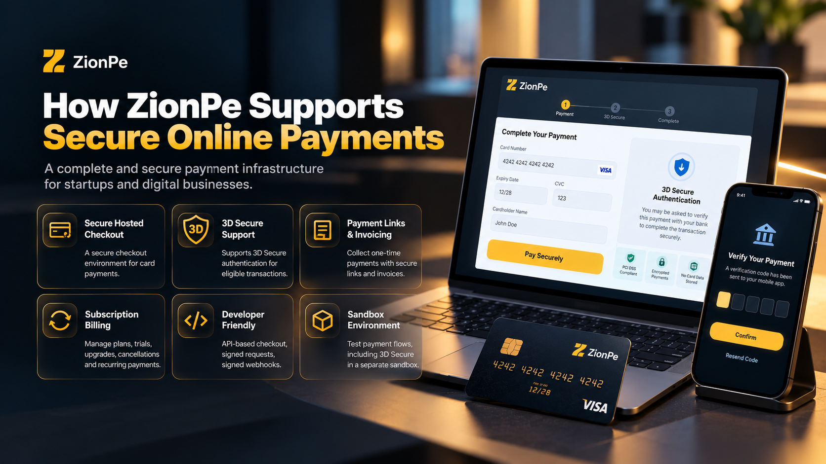 Laptop and smartphone displaying ZionPe's 3D Secure online payment features, highlighting security and verification.