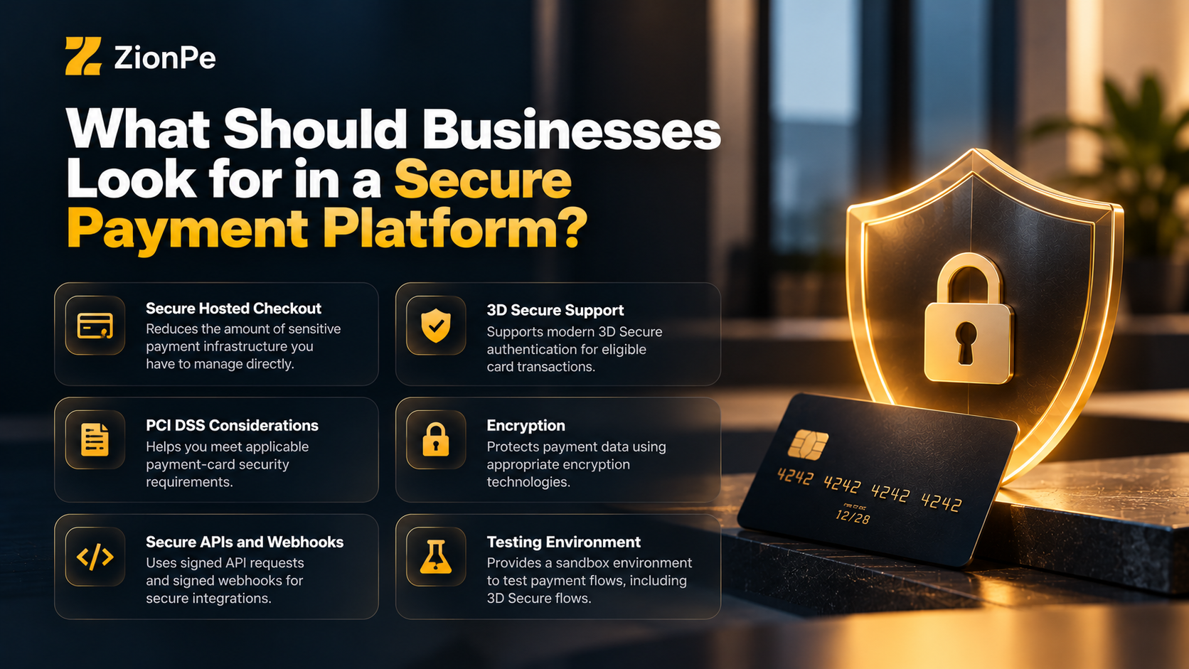 Secure payment platform features with shield and lock, highlighting 3D Secure, encryption, and PCI DSS considerations.