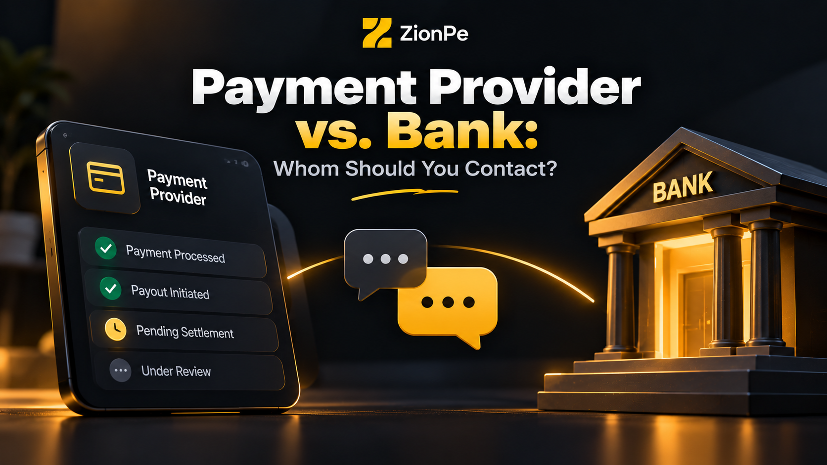 Smartphone displaying payment status icons beside a bank building, illustrating payment provider vs. bank contact options.