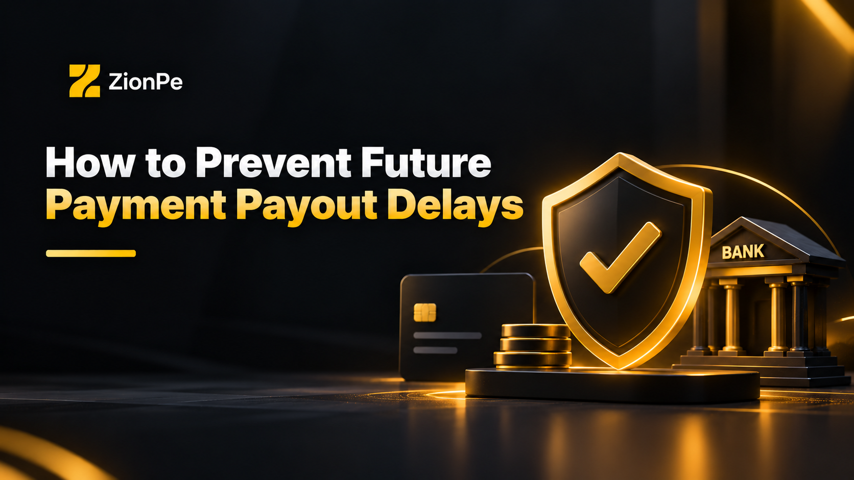 Shield icon with a checkmark, credit card, and bank building, highlighting prevention of payment payout delays.