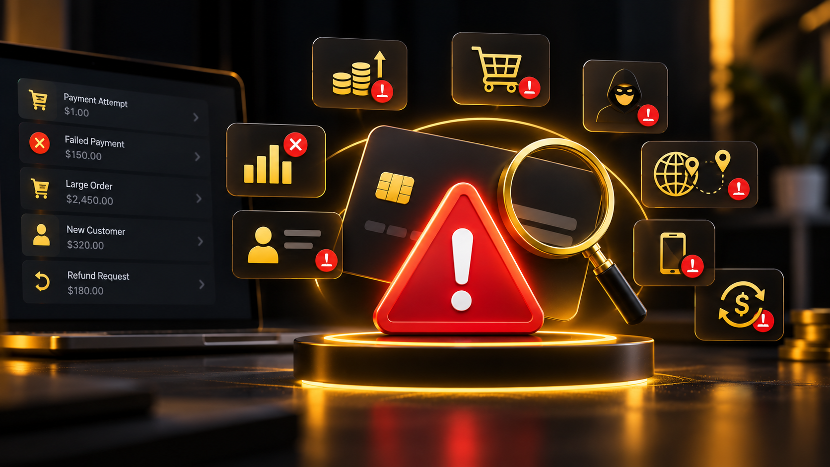 Magnifying glass over credit card icons and alert symbols, illustrating suspicious payment detection.