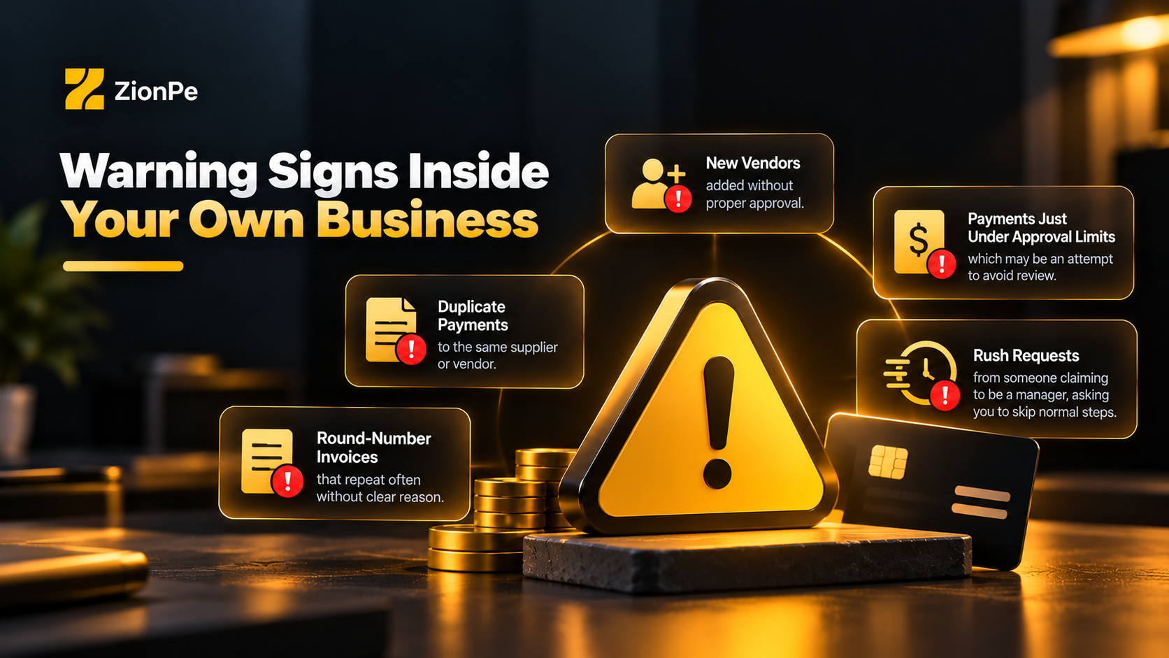 Warning signs of suspicious payment patterns: duplicate payments, new vendors, round-number invoices, rush requests.