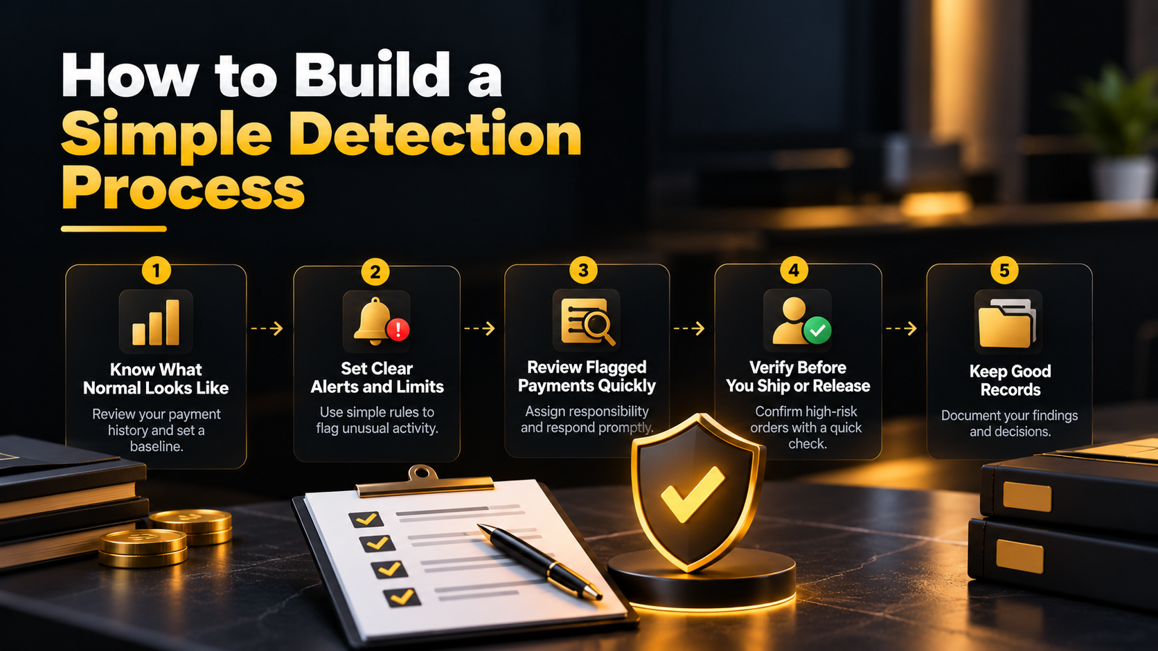 Steps to detect suspicious payments: know normal patterns, set alerts, review flagged payments, verify, keep records.