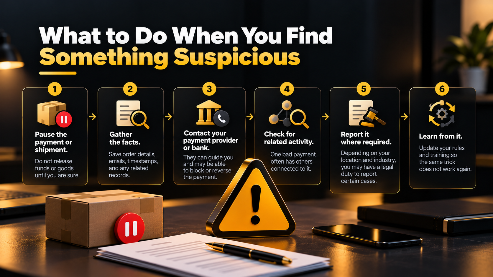 Steps to handle suspicious payments: pause, gather facts, contact provider, check activity, report, and learn.