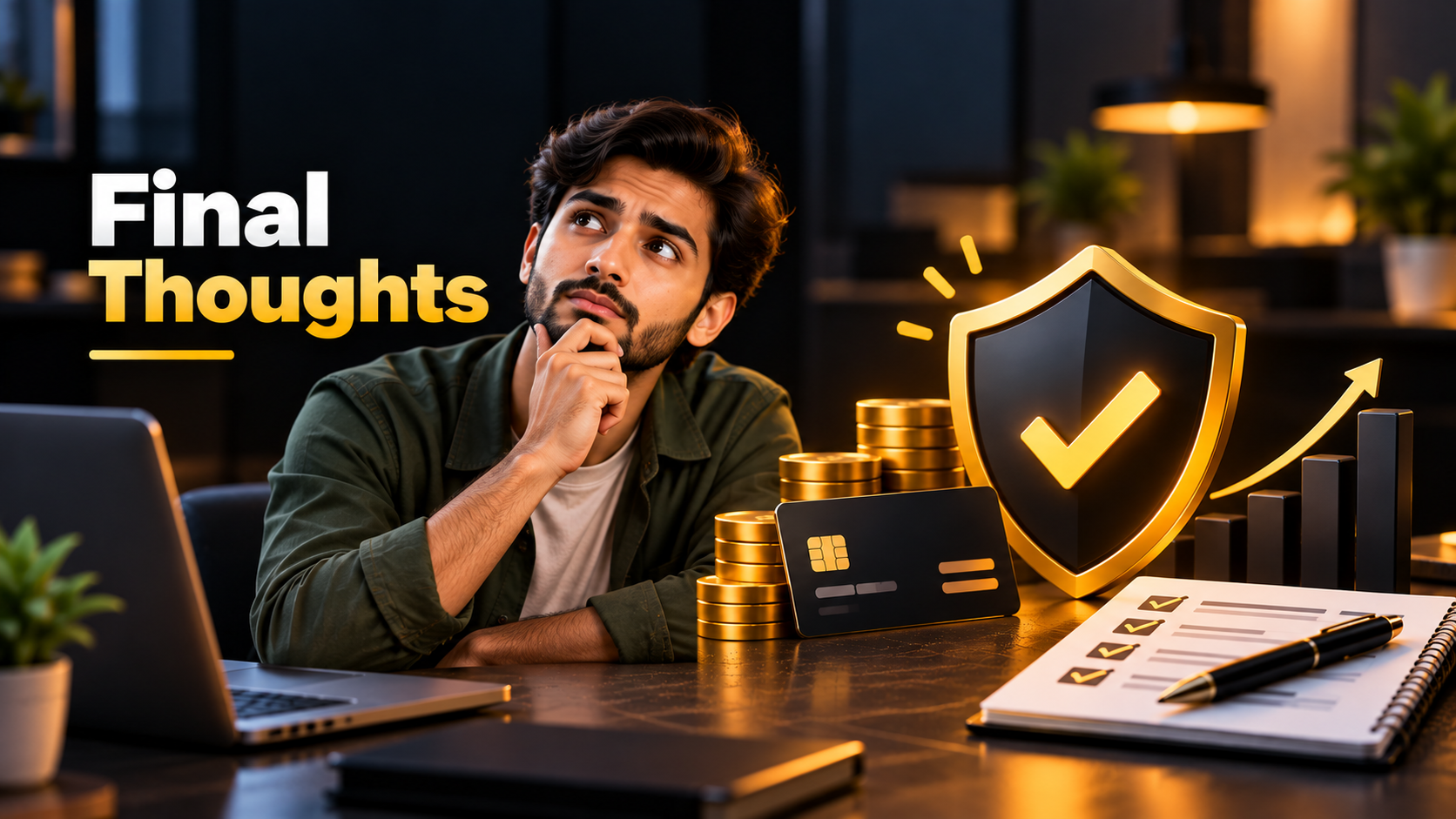 Man pondering over payment security with credit card, shield icon, and stacked coins; "Final Thoughts" text displayed.